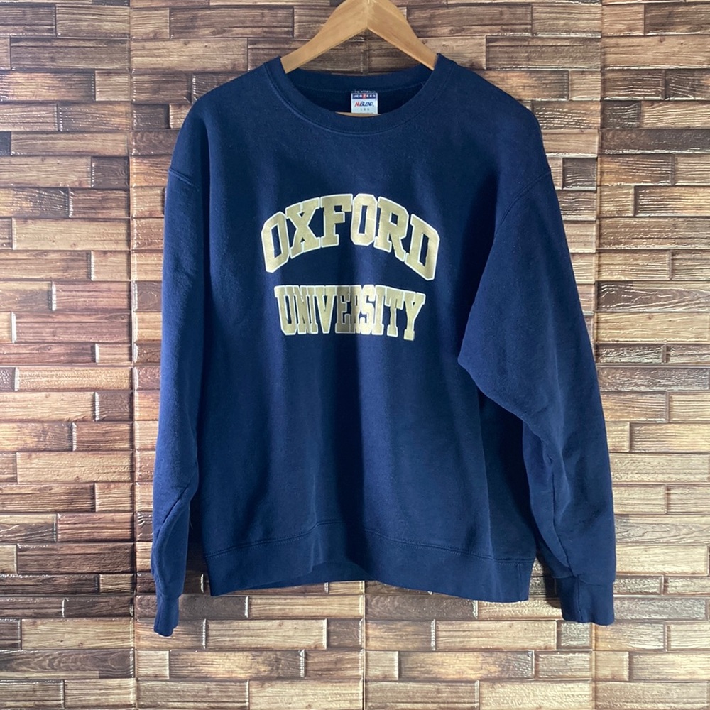 Unisex Large Navy & Gold Jerzees Oxford University  Crew Sweater